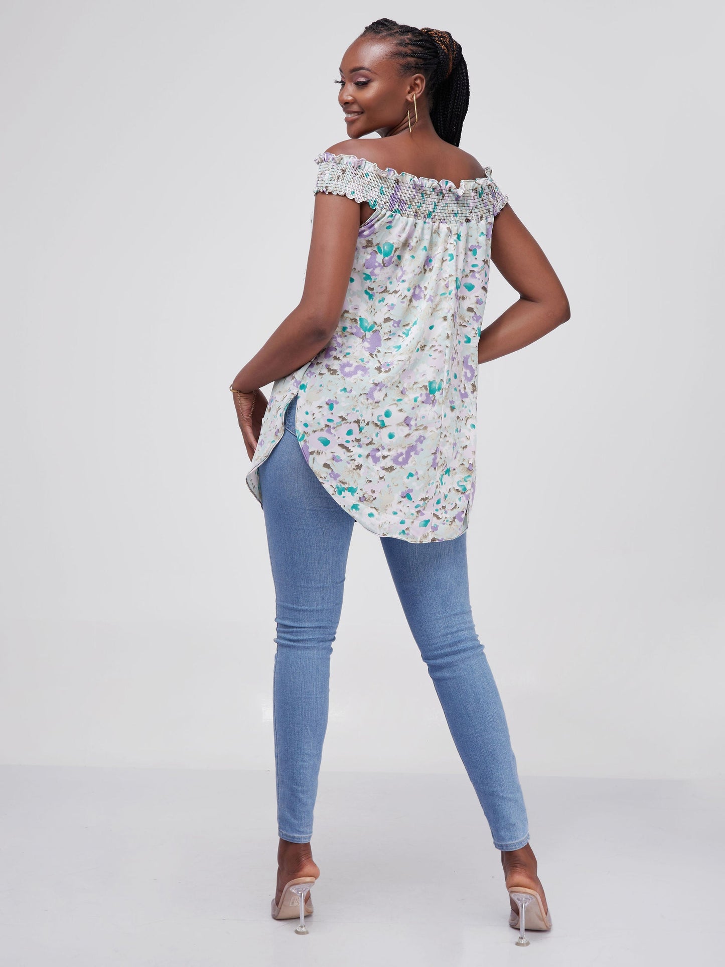 Vivo Alek Off-Shoulder Scalloped Hem Top - Purple / Green Print