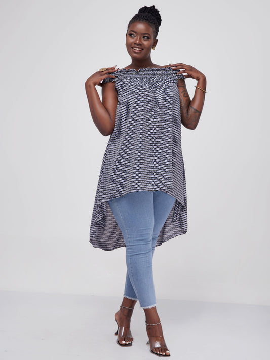 Vivo Alek Off Shoulder High-Low Top - Black /  Blue Print