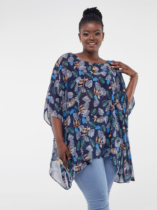 Vivo Basic Liv Chiffon Top - Navy Blue Leaf Print