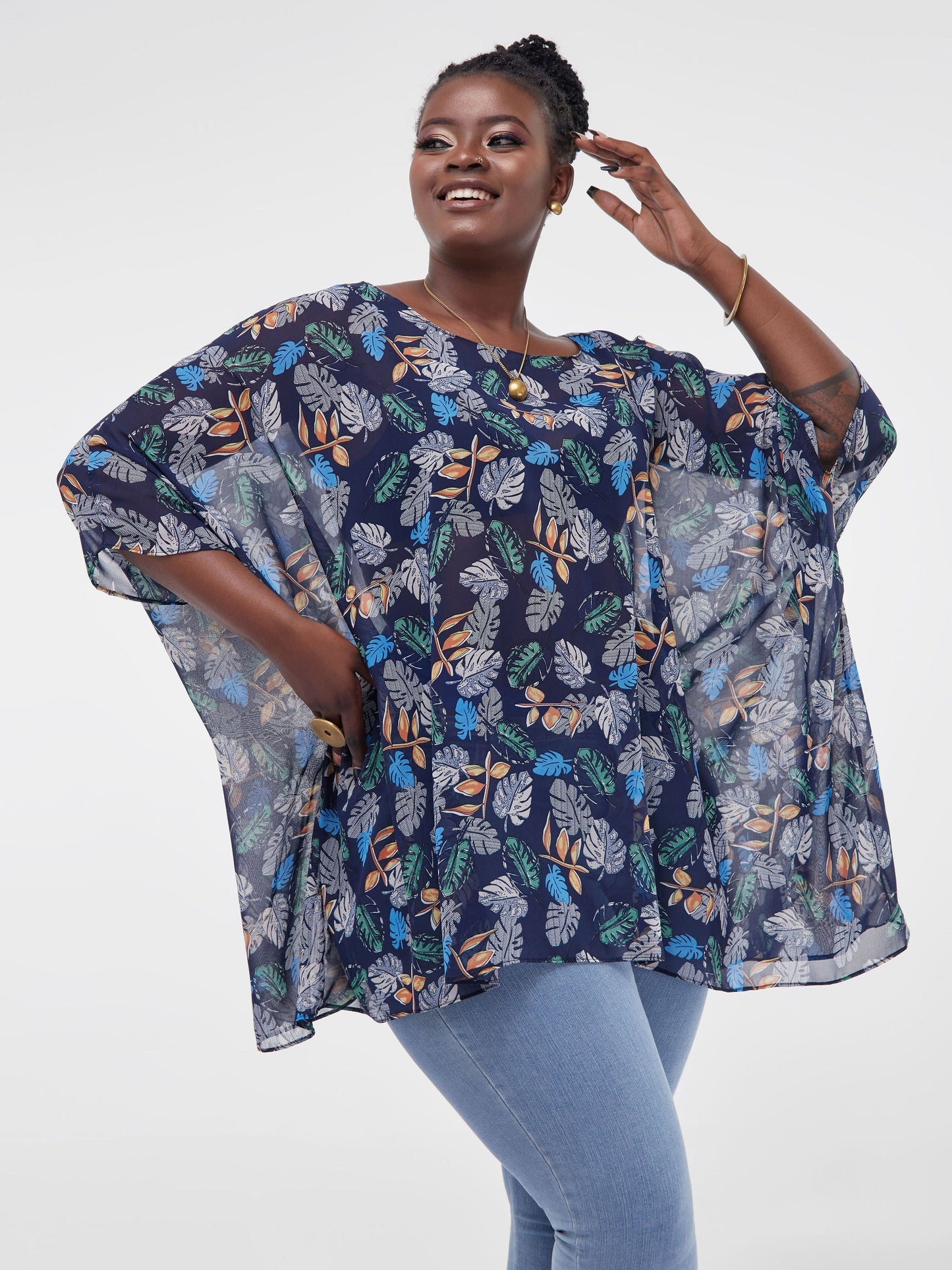 Vivo Basic Liv Chiffon Top - Navy Blue Leaf Print