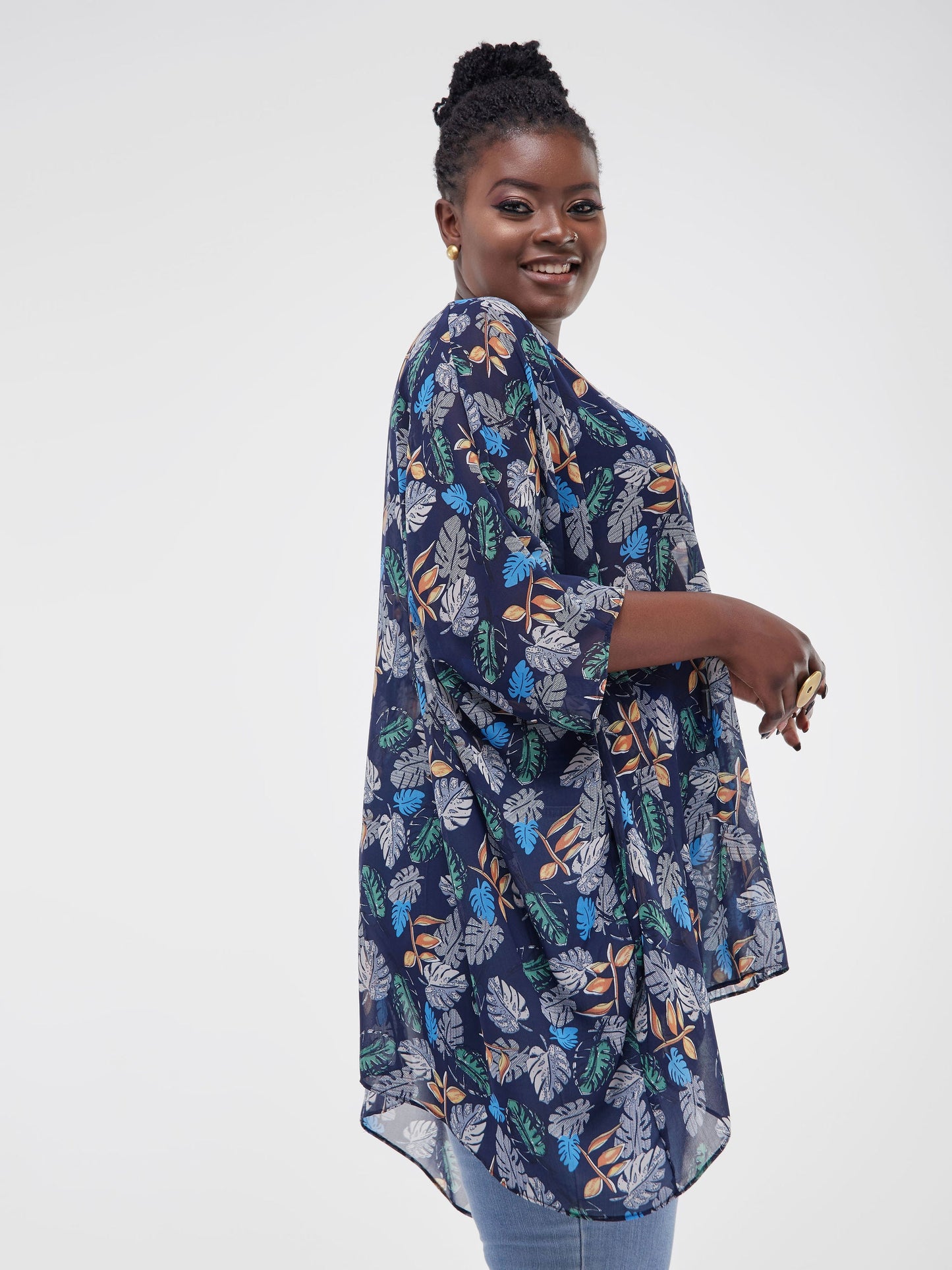 Vivo Basic Liv Chiffon Top - Navy Blue Leaf Print