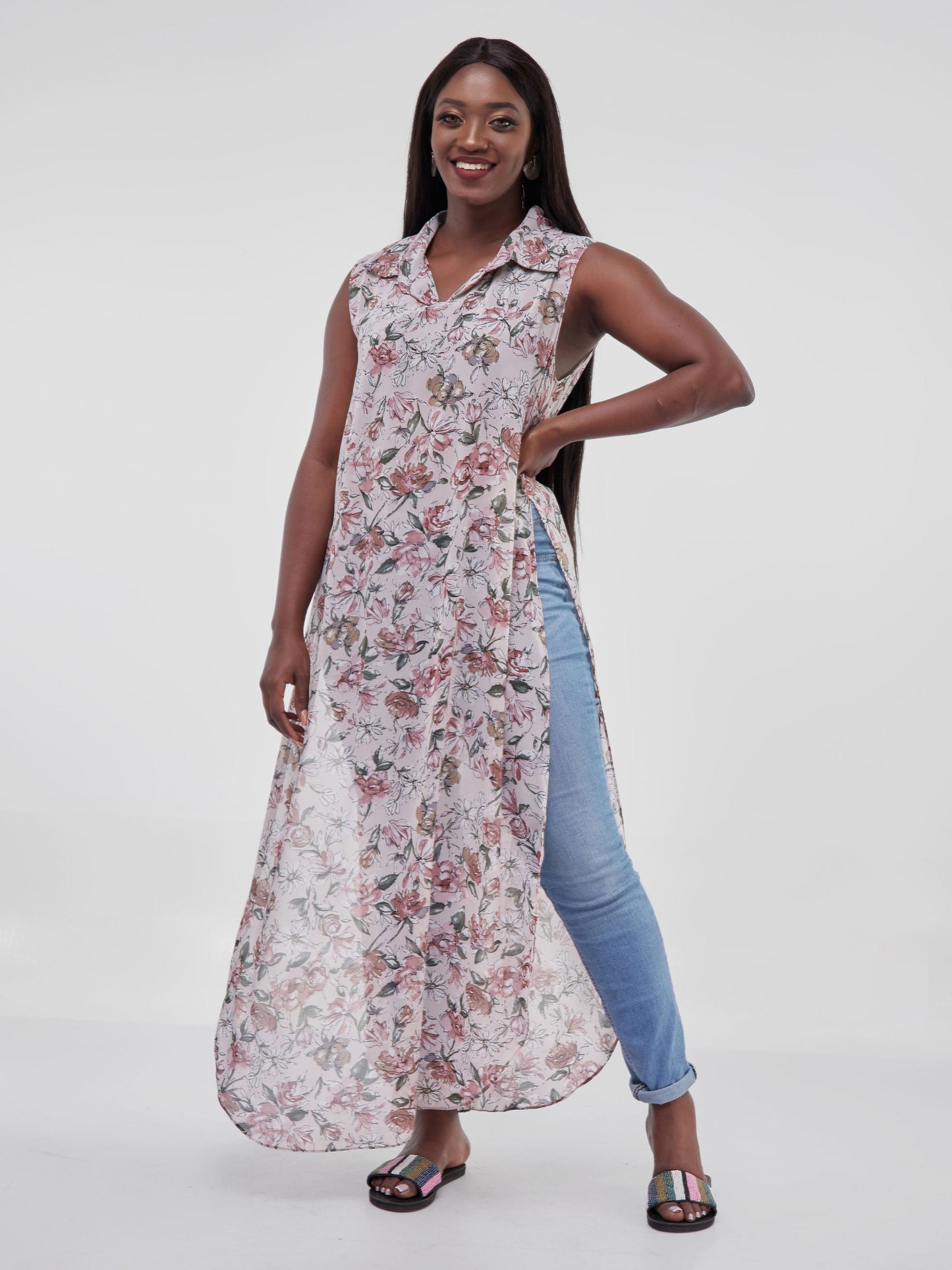 Vivo Sana Chiffon Maxi Side Slit Top - Pink / Maroon Floral Print