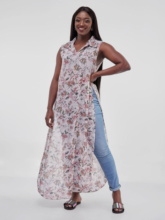 Vivo Sana Chiffon Maxi Side Slit Top - Pink / Maroon Floral Print