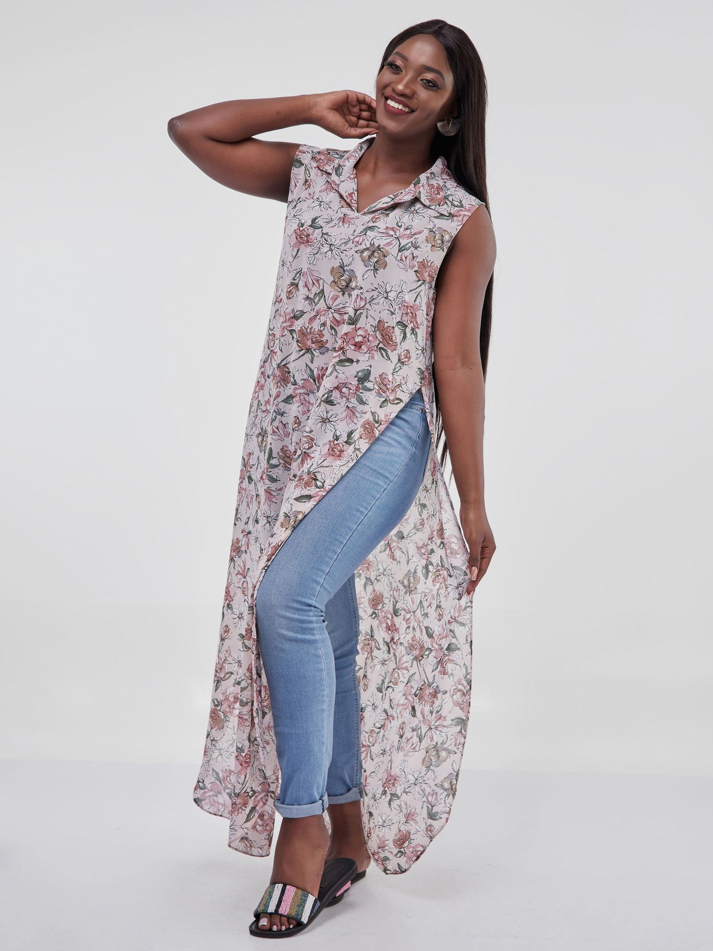 Vivo Sana Chiffon Maxi Side Slit Top - Pink / Maroon Floral Print
