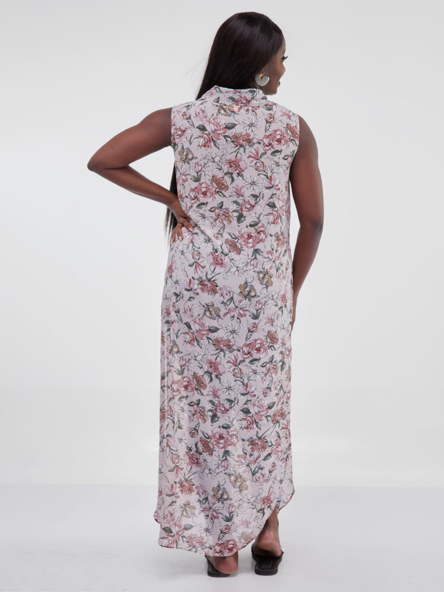 Vivo Sana Chiffon Maxi Side Slit Top - Pink / Maroon Floral Print