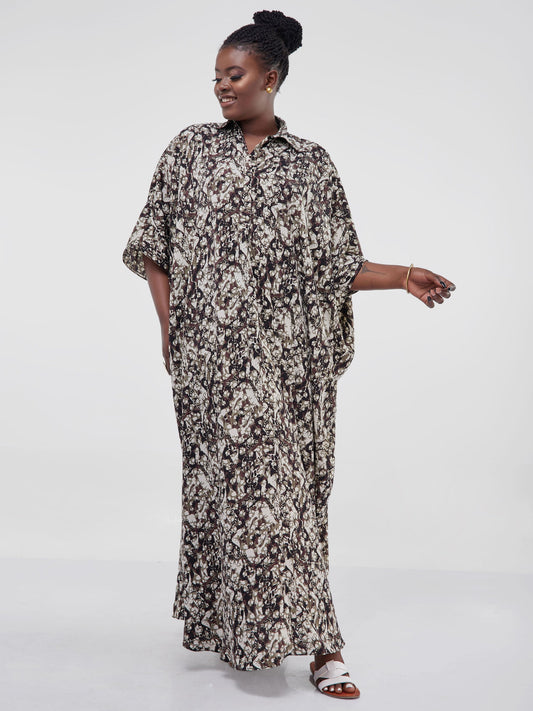 Vivo Muna Oversized Maxi Shirt - Hunters Green / Buttermilk Abstract Print