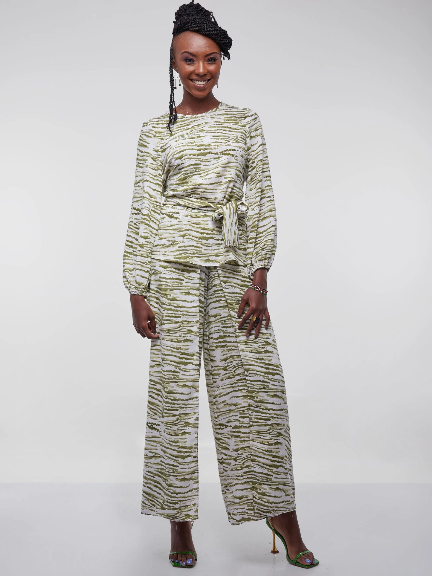 Vivo Dalia Wrap Wide Leg Pants - Green Print