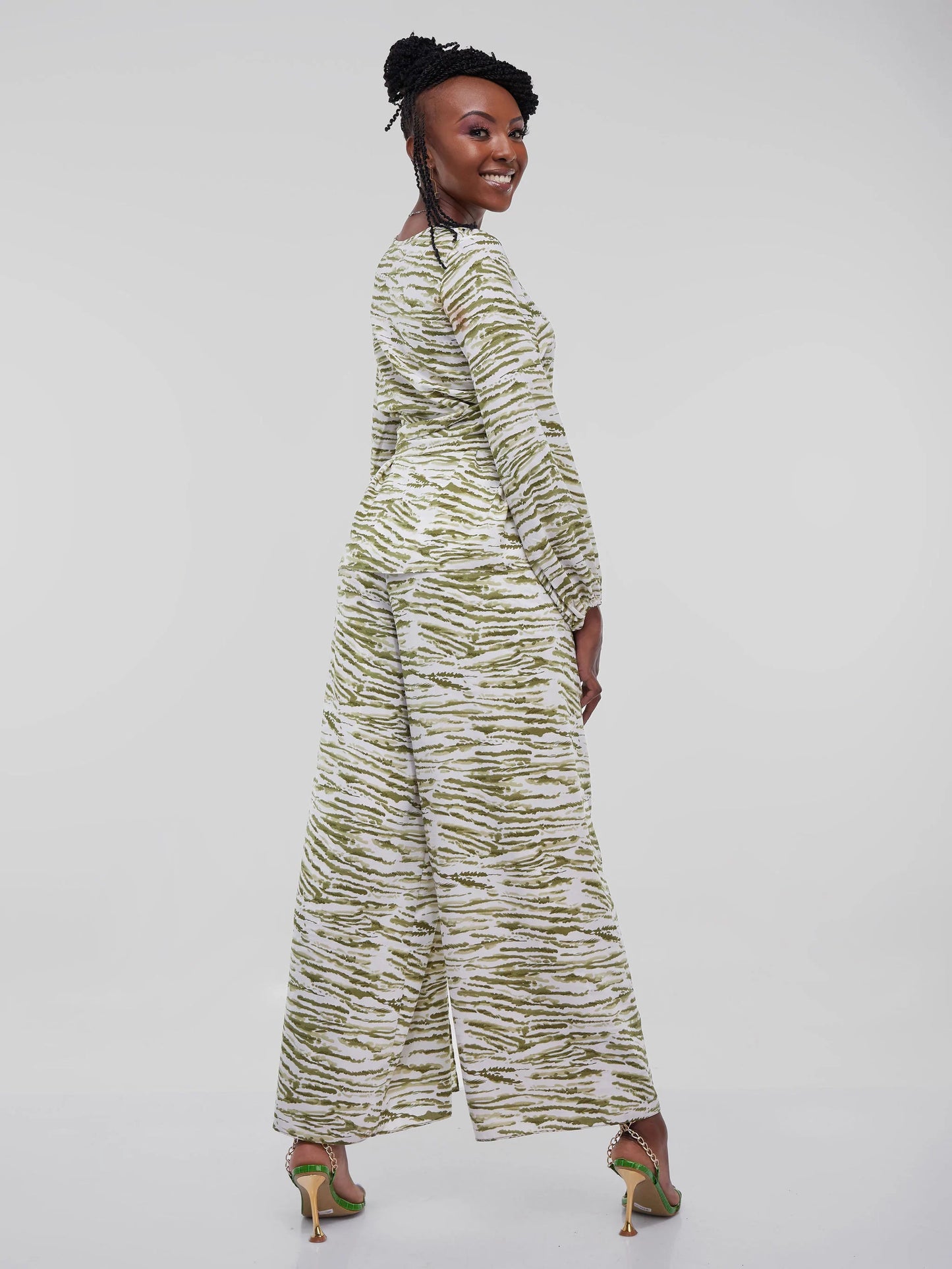 Vivo Dalia Wrap Wide Leg Pants - Green Print