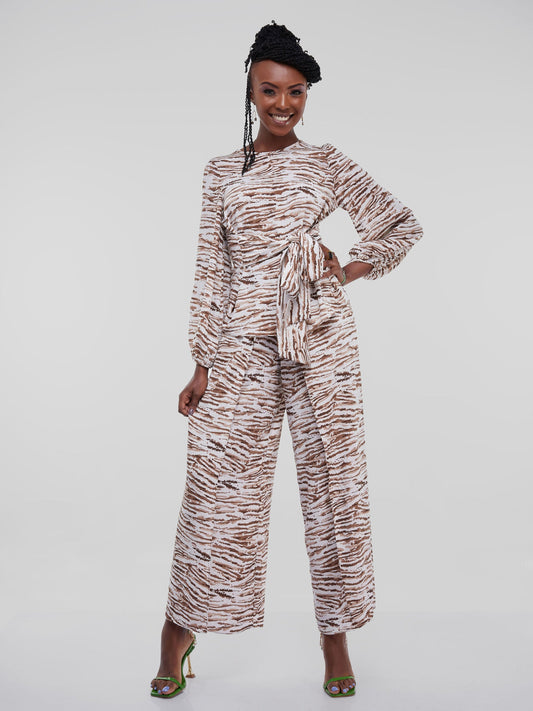Vivo Dalia Wrap Wide Leg Pants - Brown Print