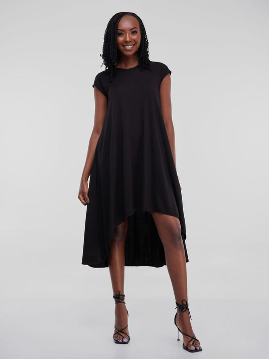 Vivo Ponte Back Pleat High Low Dress - Black