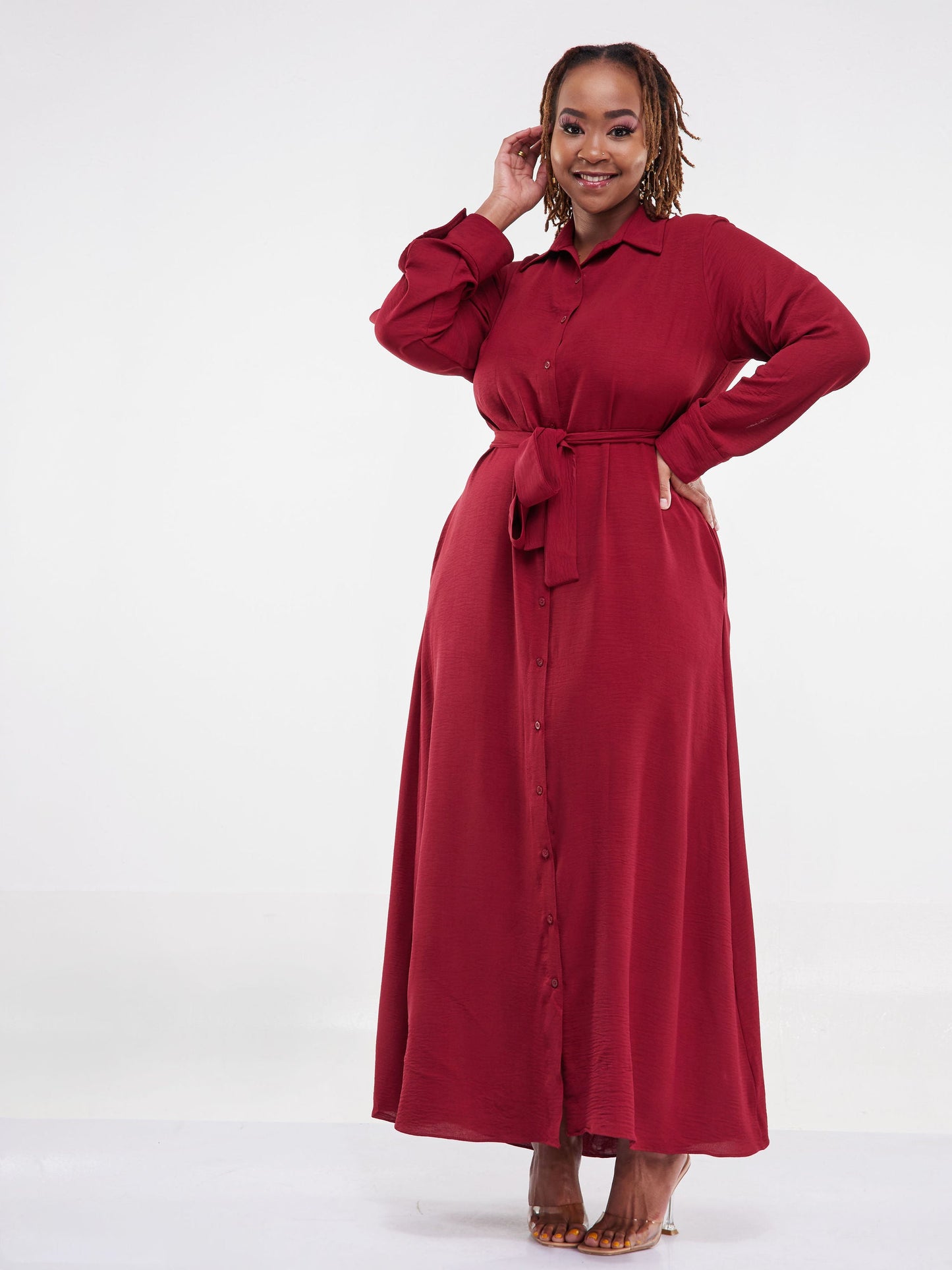Vivo Tunu Long Sleeve Maxi Tent Shirt Dress - Maroon