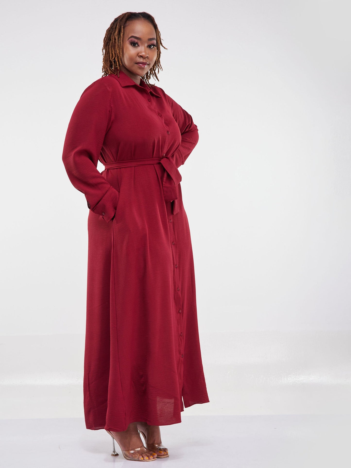 Vivo Tunu Long Sleeve Maxi Tent Shirt Dress - Maroon