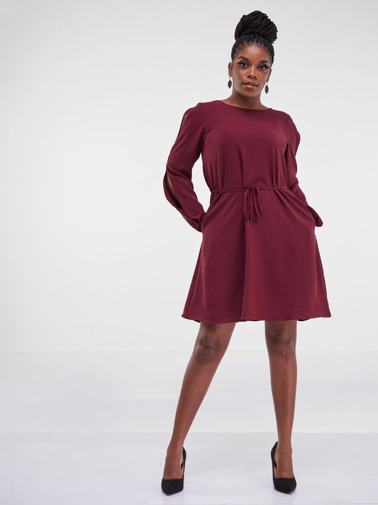 Vivo Tunu Long Slit Sleeve Knee Length Shift Dress - Maroon