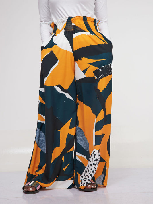 Vivo Alek Wide Leg Pants - Dark Teal /Mustard Print