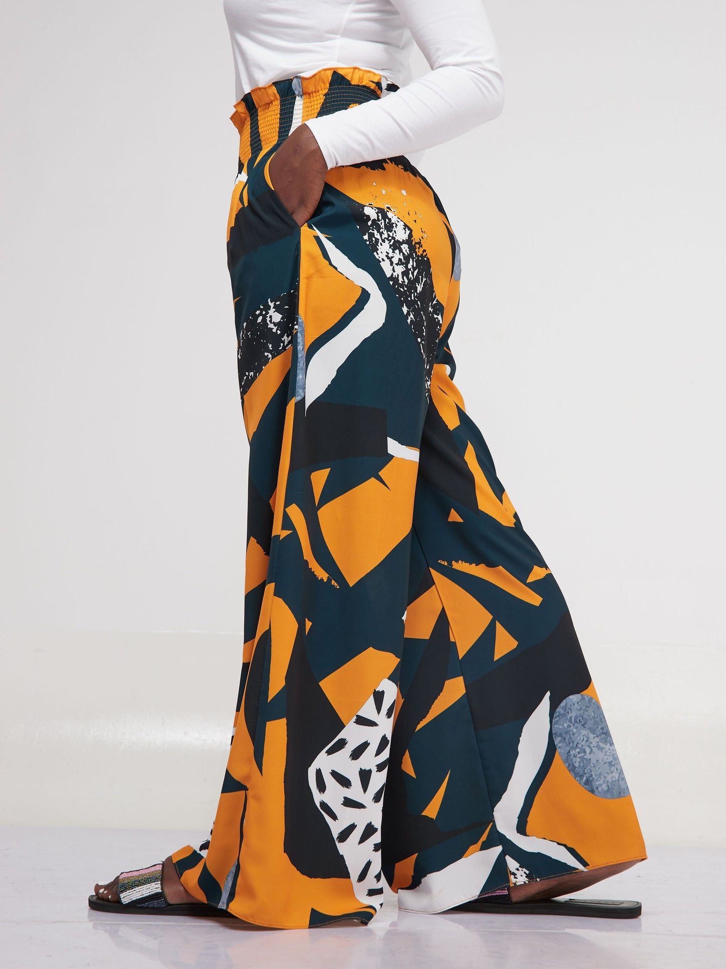 Vivo Alek Wide Leg Pants - Dark Teal /Mustard Print