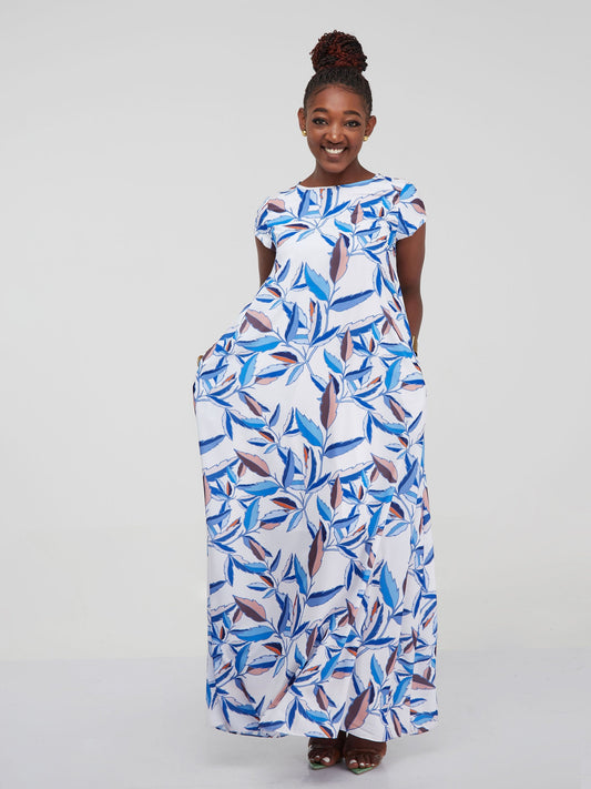 Vivo Basic Cap Sleeved Tent Maxi Dress - Blue Floral Print