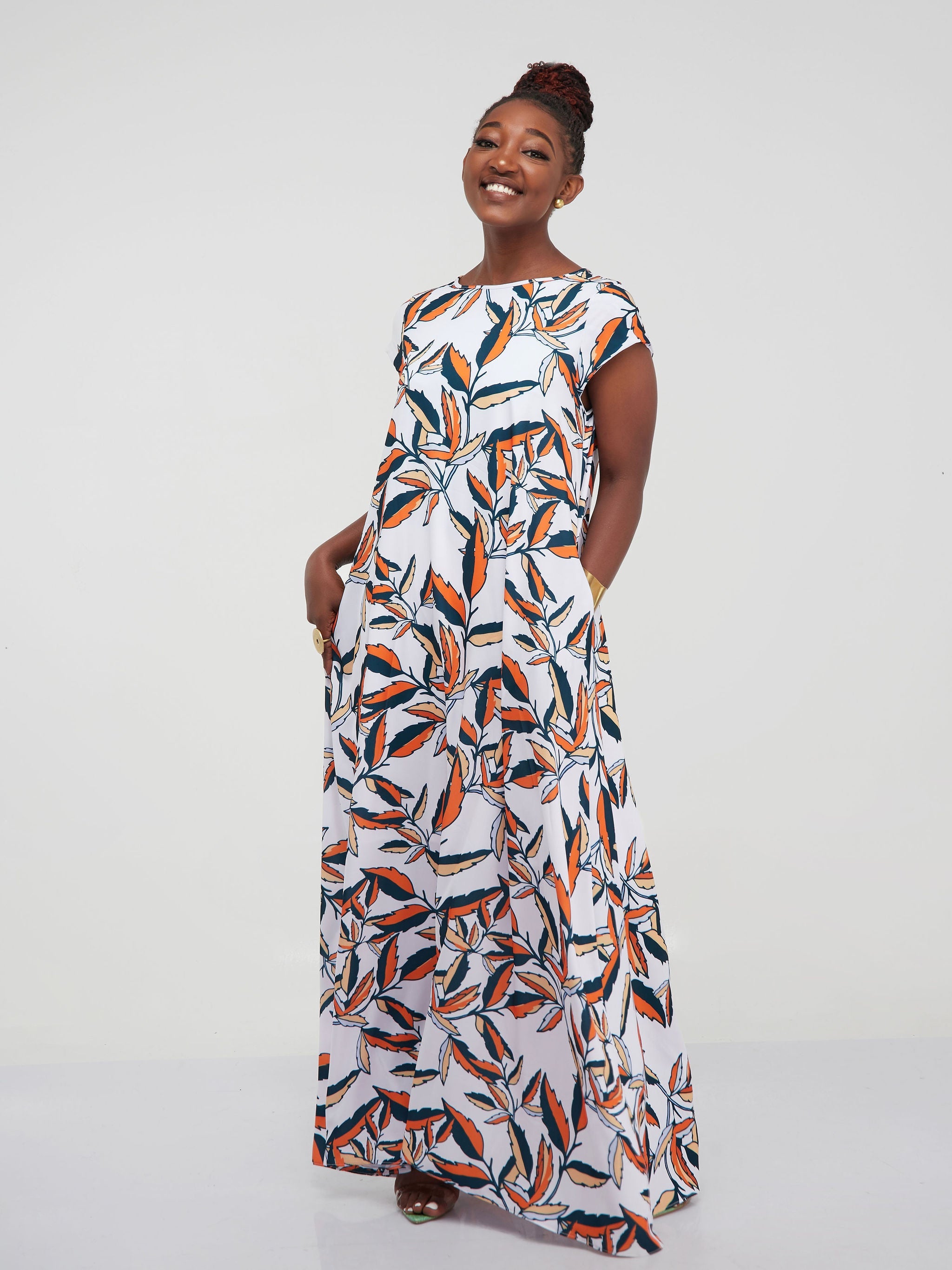 Vivo Basic Cap Sleeved Tent Maxi Dress - Orange Floral Print