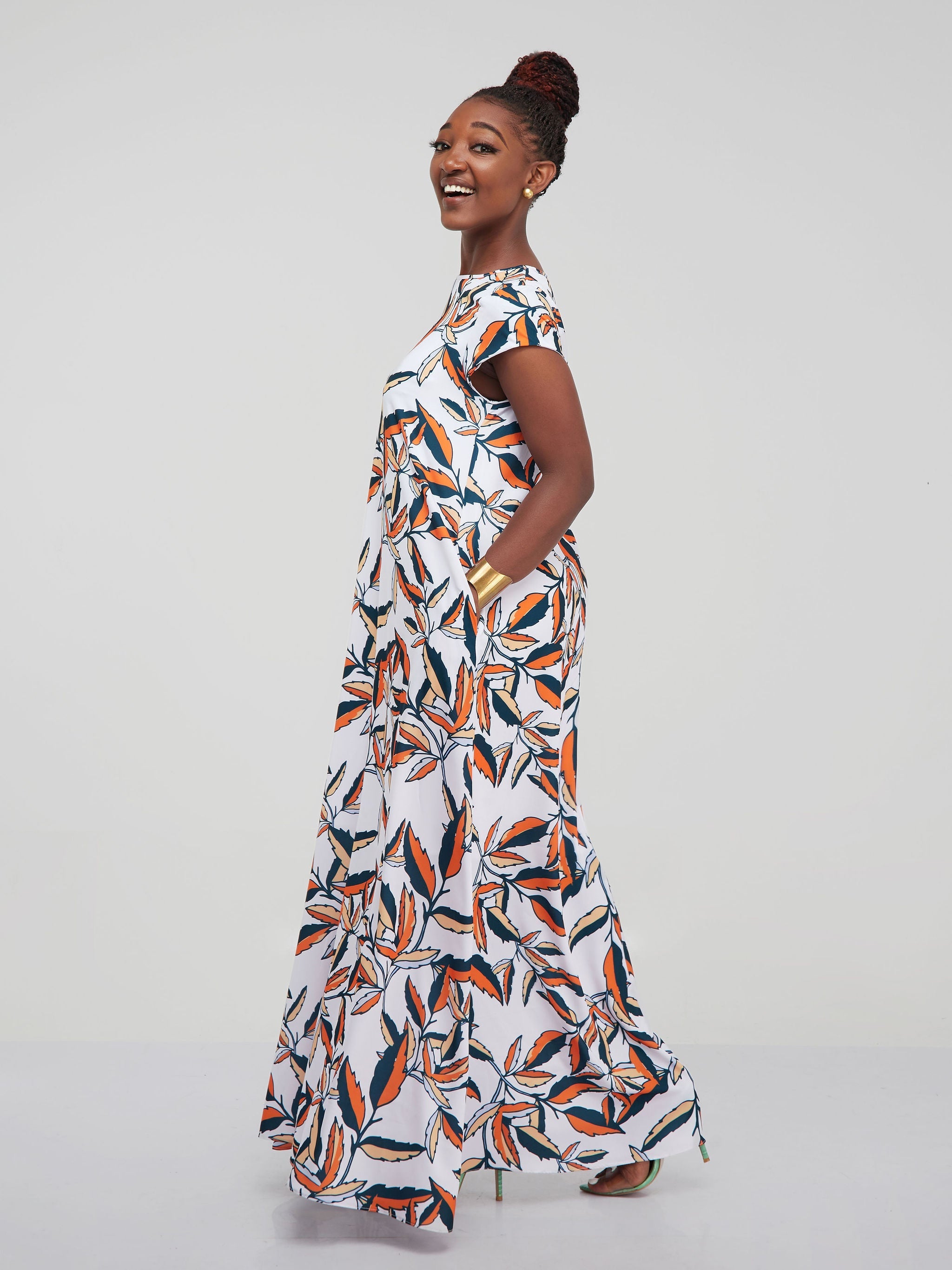 Vivo Basic Cap Sleeved Tent Maxi Dress - Orange Floral Print