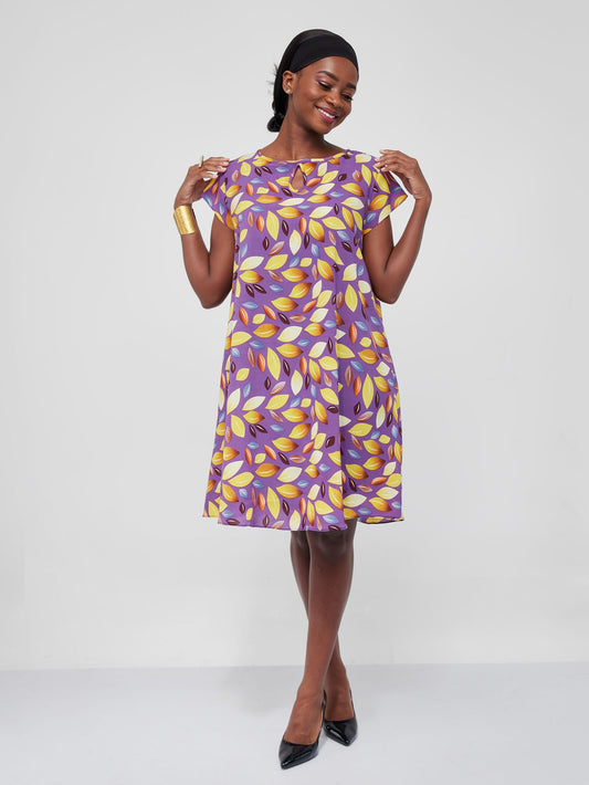 Vivo Sierra Cap Sleeve Tent Chiffon Dress - Purple / Yellow Leaf Print