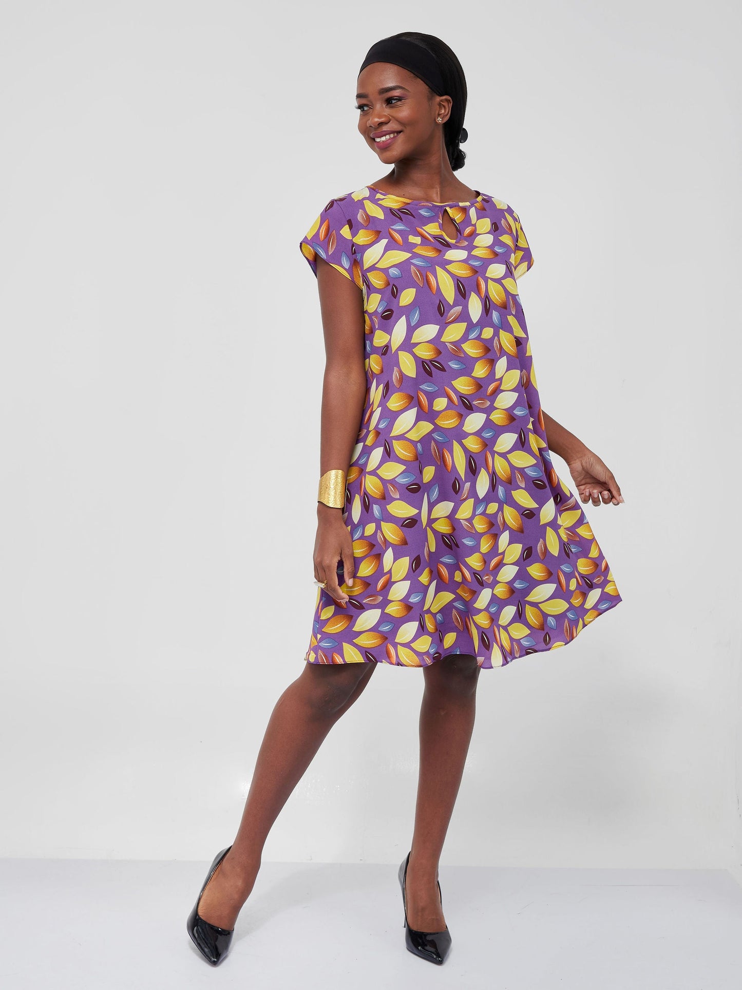 Vivo Sierra Cap Sleeve Tent Chiffon Dress - Purple / Yellow Leaf Print
