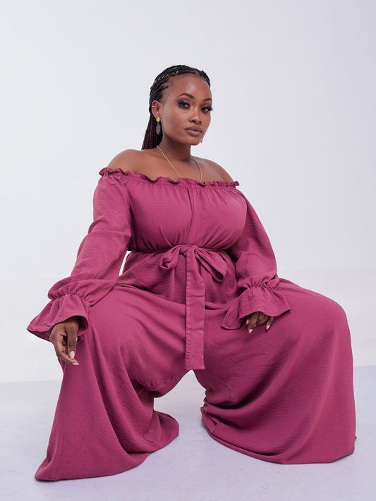 Vivo Jema Off-shoulder Long Sleeve Jumpsuit - Peach
