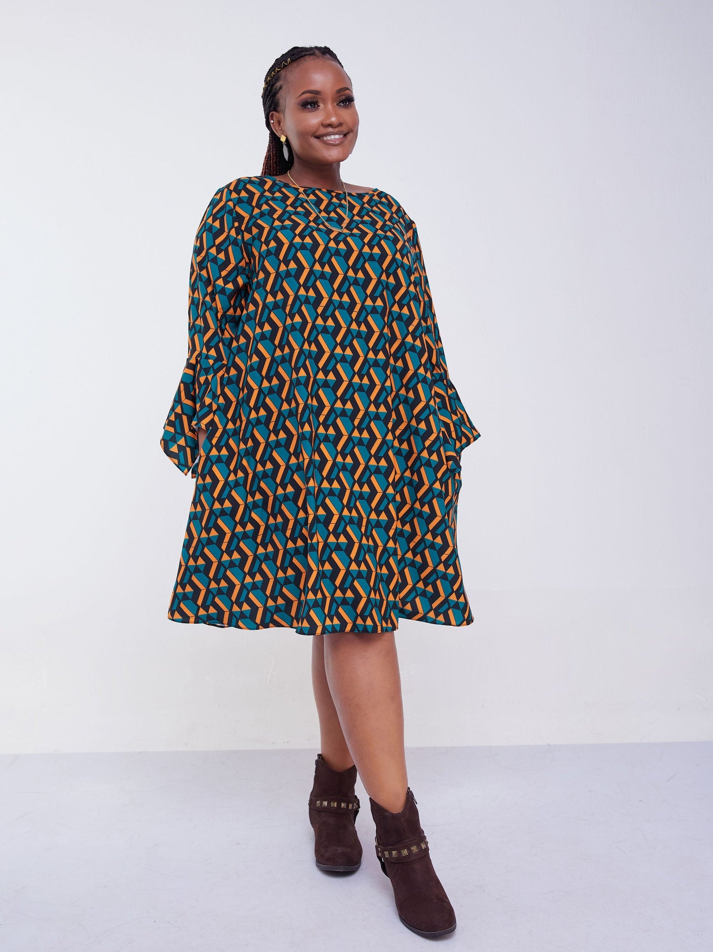 Vivo Jasiri 3/4 Drape Sleeve Knee Length Dress - Mustard / Teal Geometric Print