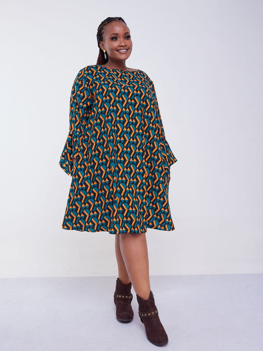 Vivo Jasiri 3/4 Drape Sleeve Knee Length Dress - Mustard / Teal Geometric Print