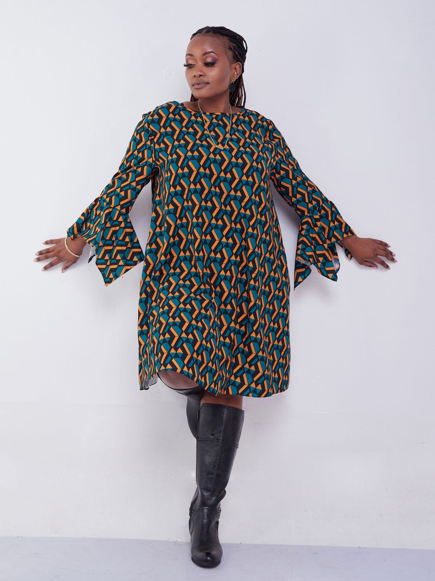 Vivo Jasiri 3/4 Drape Sleeve Knee Length Dress - Mustard / Teal Geometric Print