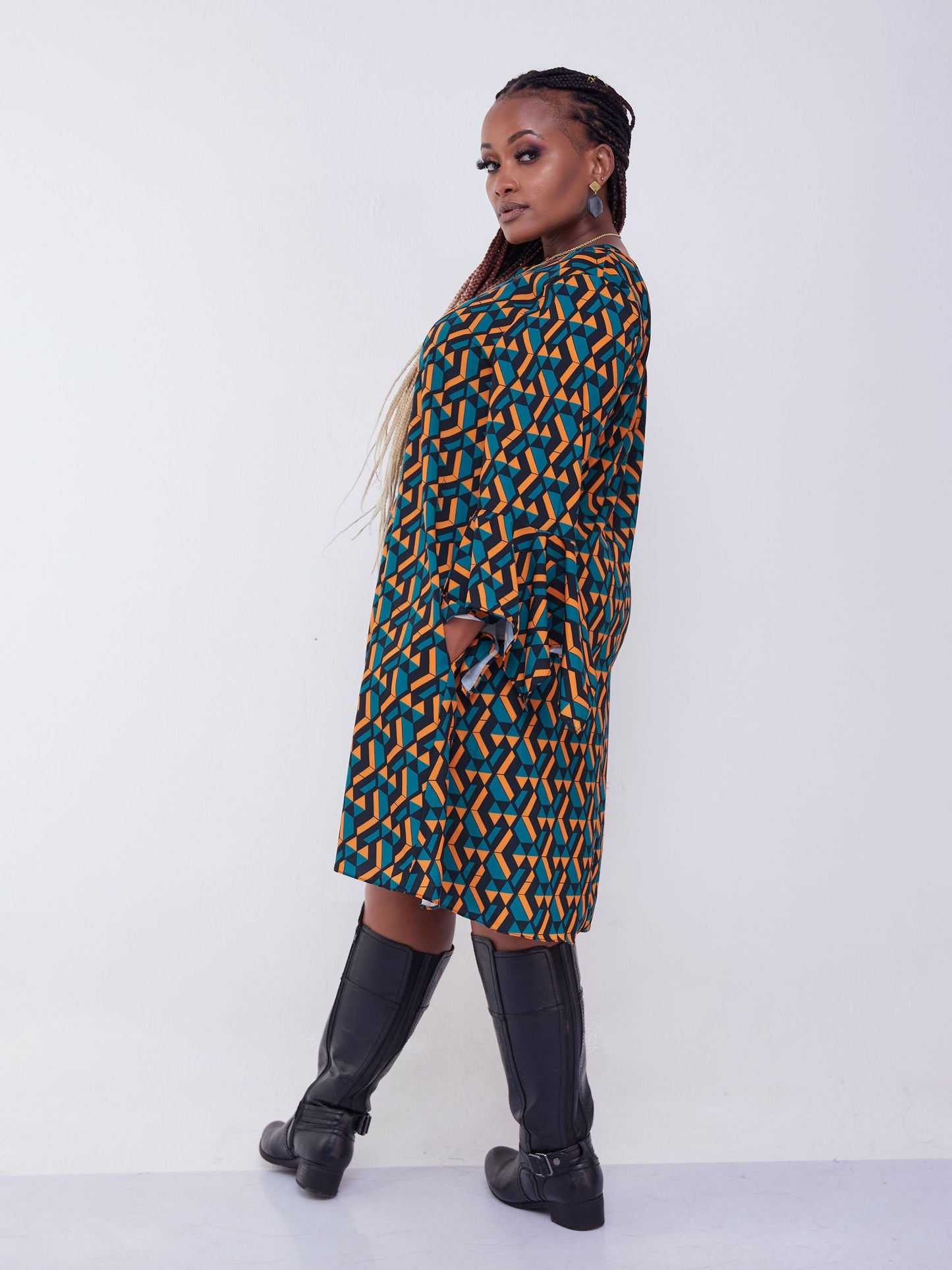 Vivo Jasiri 3/4 Drape Sleeve Knee Length Dress - Mustard / Teal Geometric Print