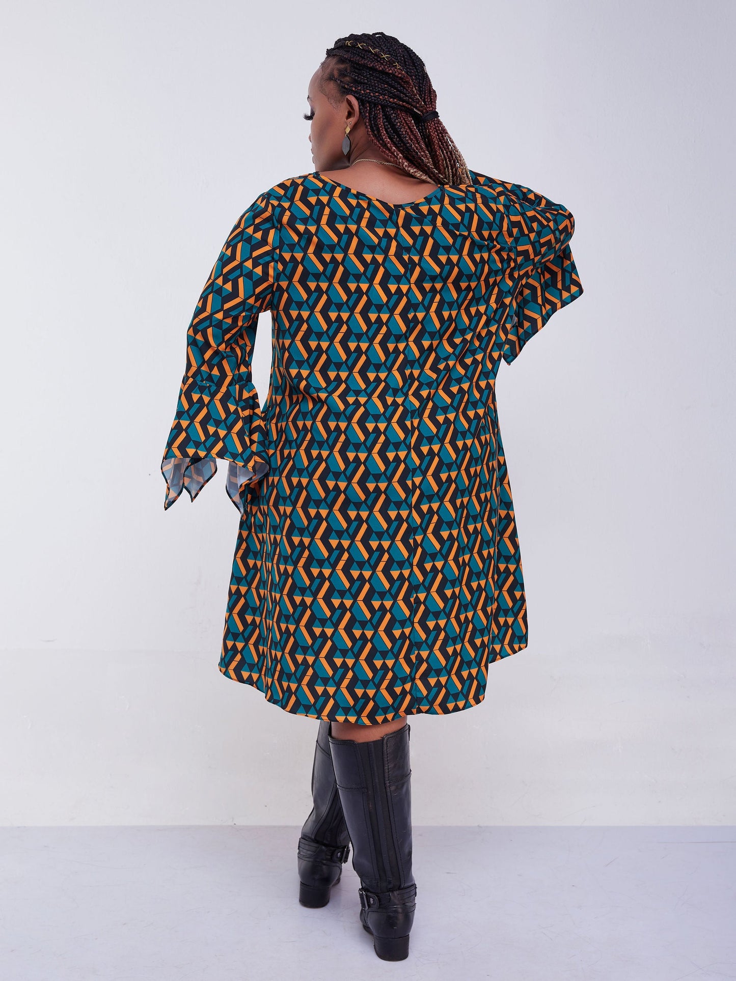 Vivo Jasiri 3/4 Drape Sleeve Knee Length Dress - Mustard / Teal Geometric Print