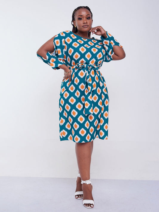 Vivo Jasiri 3/4 Cut Out Sleeve Shift Dress - Green Print