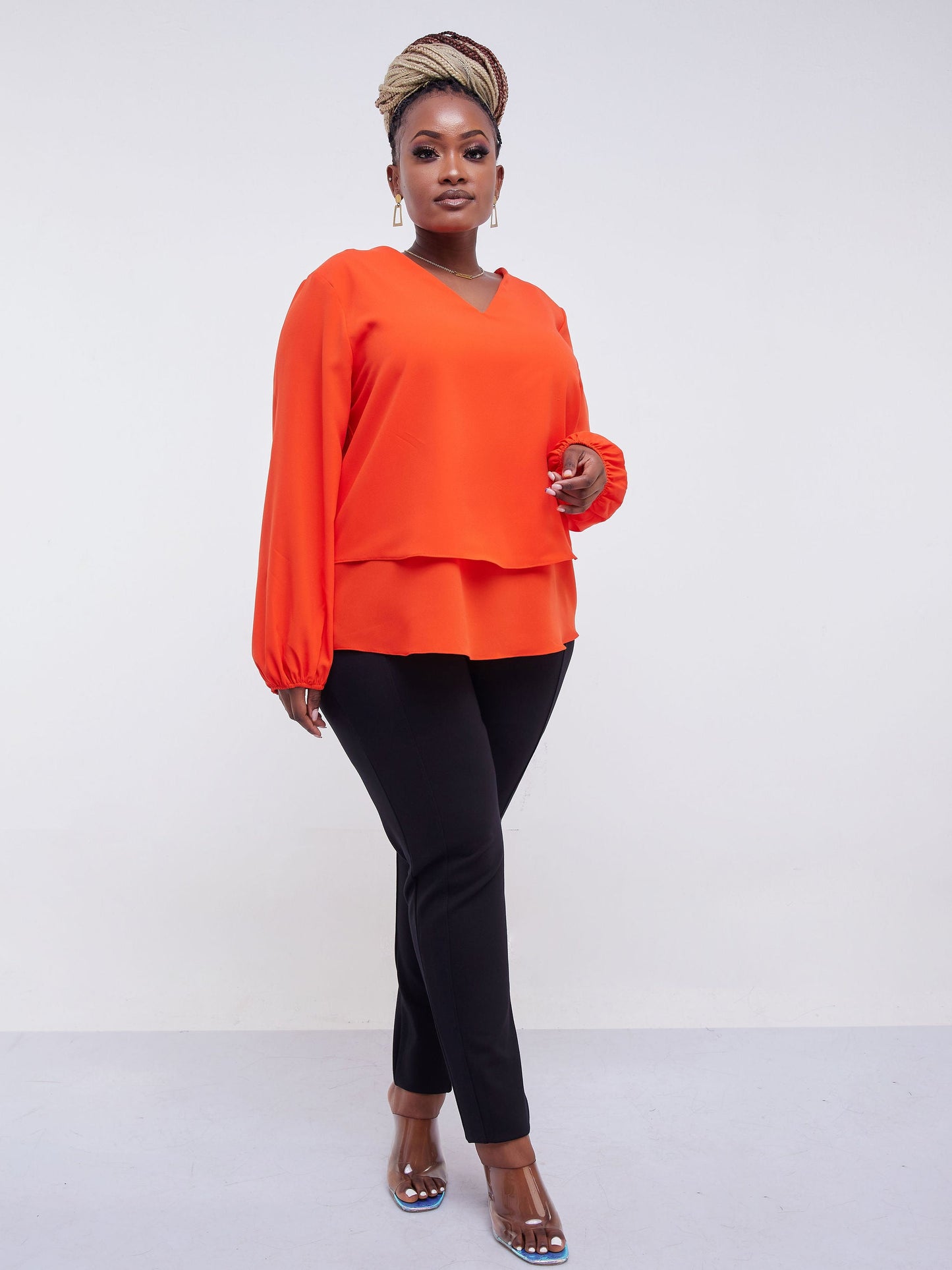 Vivo Jema V-Neck Bishop Sleeve Top - Orange