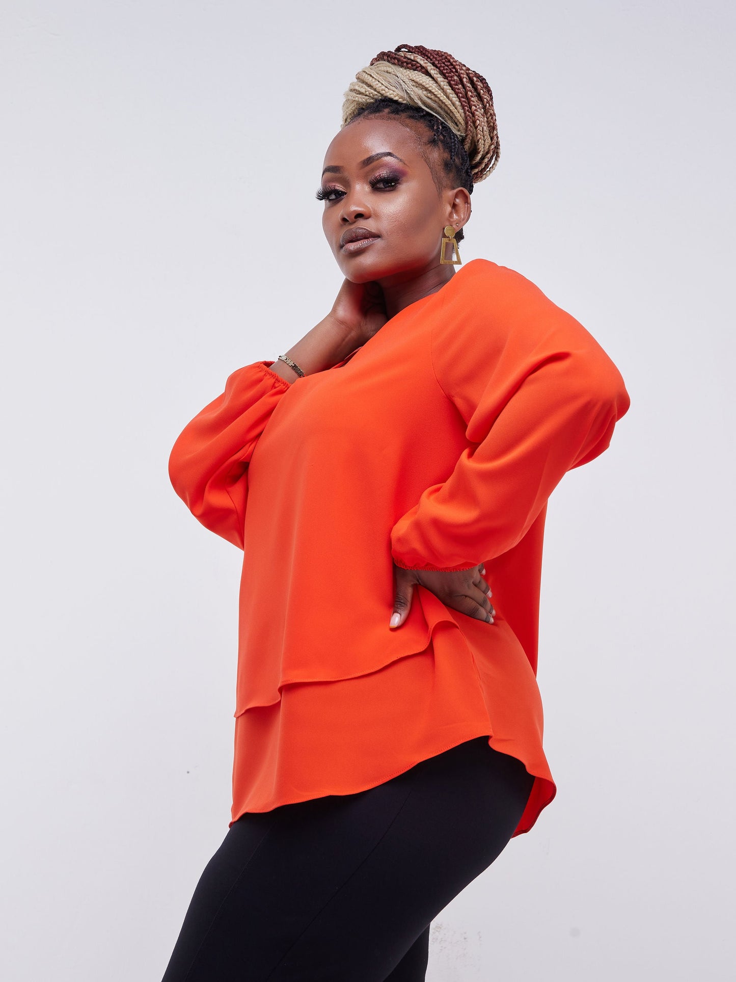 Vivo Jema V-Neck Bishop Sleeve Top - Orange