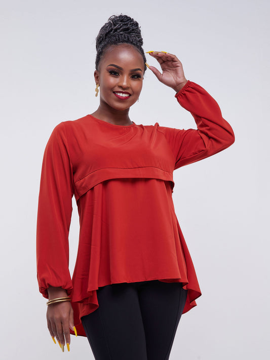 Vivo Jasiri Bishop Sleeve Cross Pleat Top - Rust
