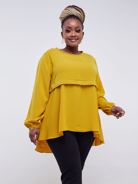 Vivo Jasiri Bishop Sleeve Cross Pleat Top - Mustard