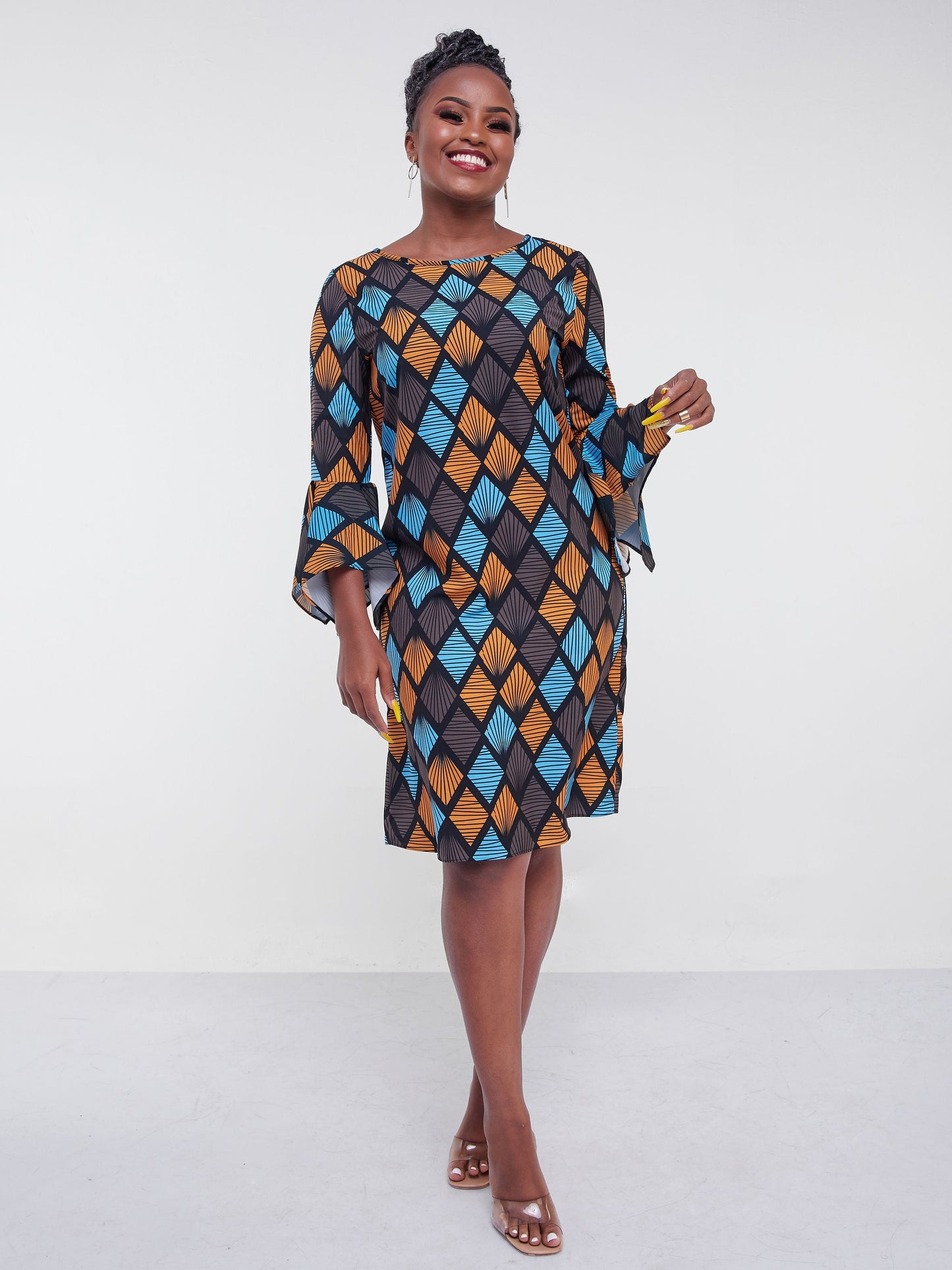 Vivo Jasiri 3/4 Drape Sleeve Shift Dress - Blue / Mustard Print
