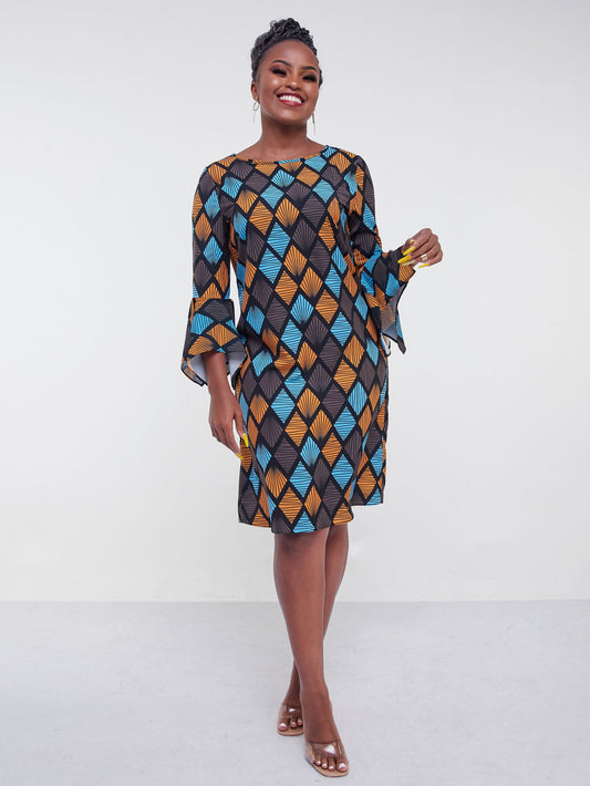 Vivo Jasiri 3/4 Drape Sleeve Shift Dress - Blue / Mustard Print