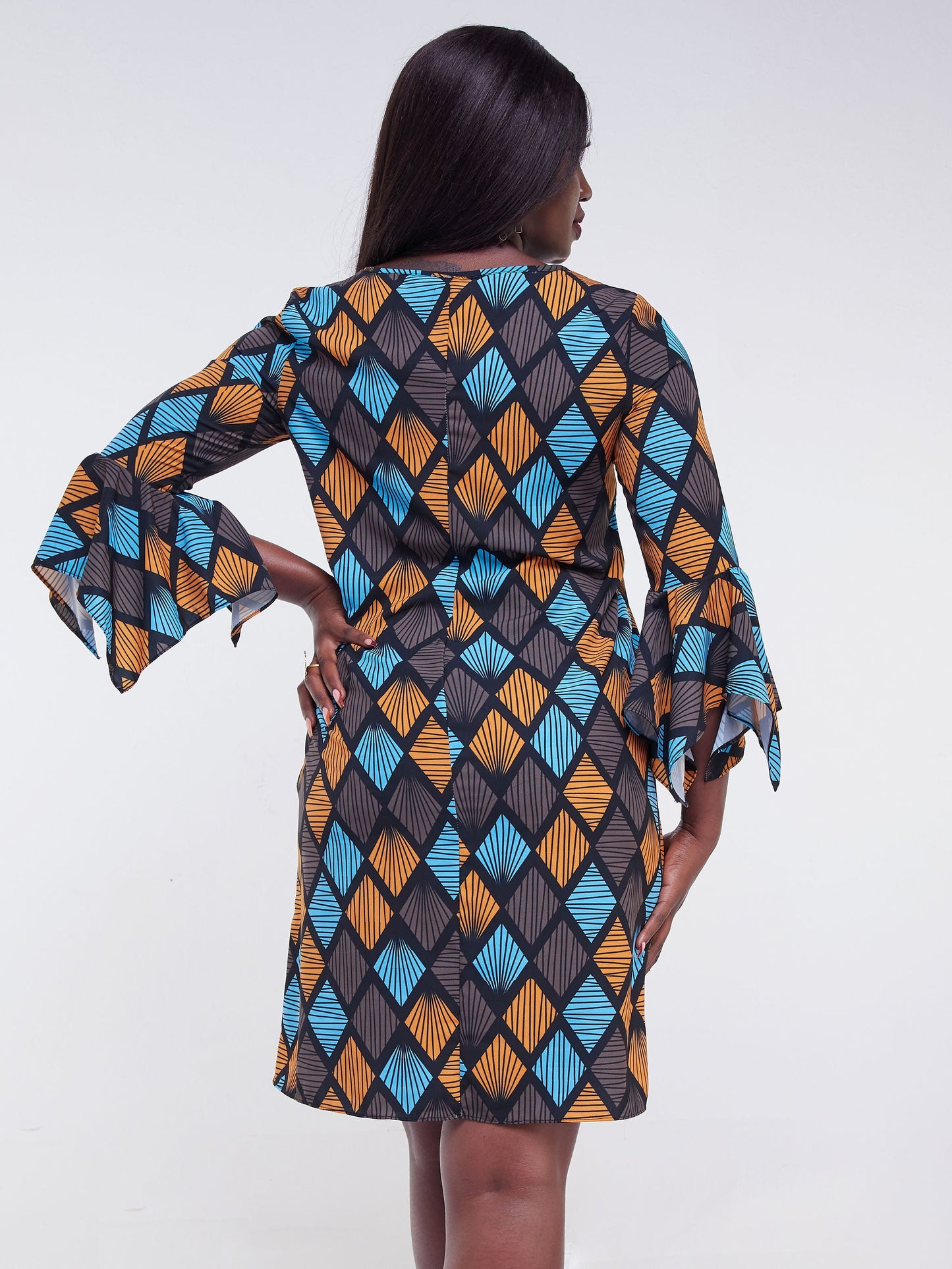 Vivo Jasiri 3/4 Drape Sleeve Shift Dress - Teal / White Print
