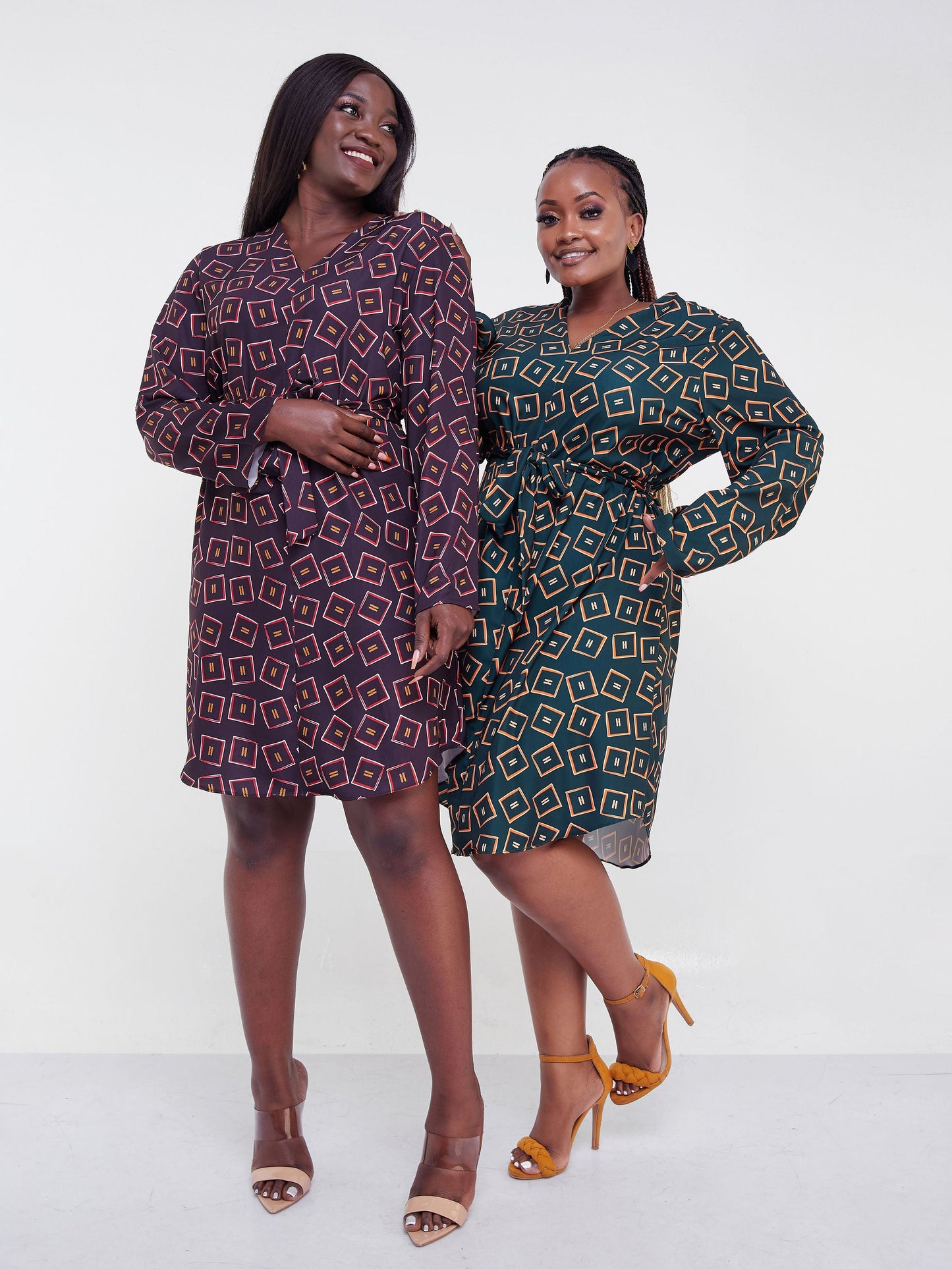 Vivo Jema V-Neck Shirt Dress - Dark Green Print