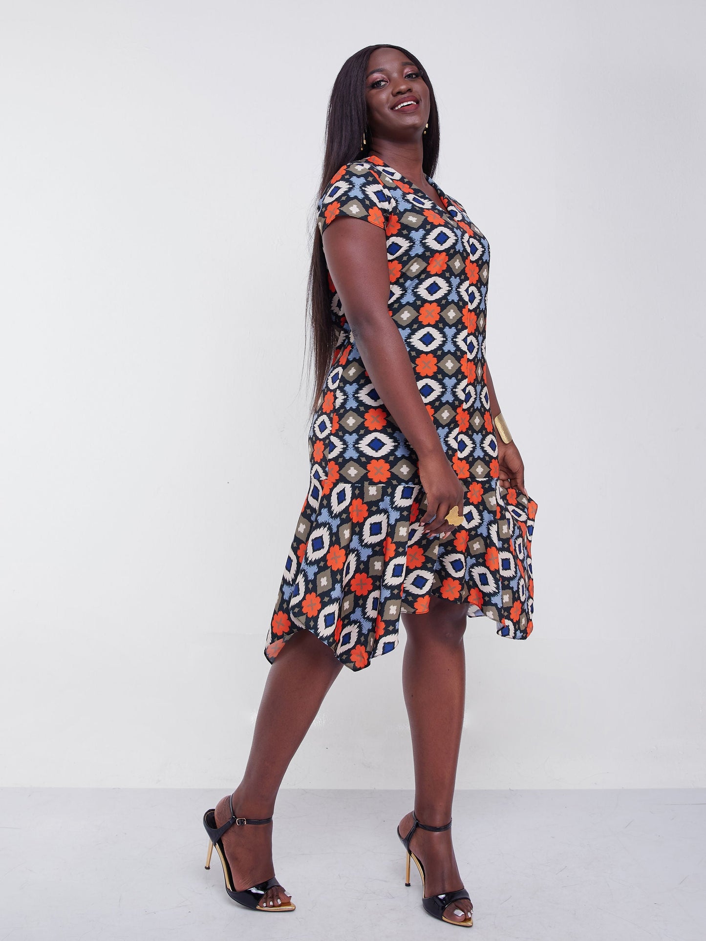 Vivo Jasiri Cap Sleeve V-Neck Handkerchief Drape Flounce Shift Dress -Light Blue Print