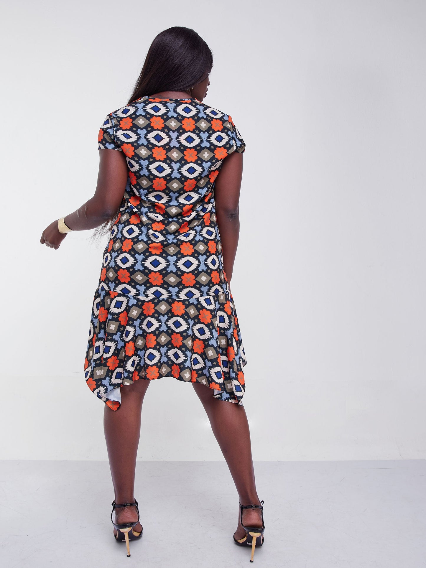 Vivo Jasiri Cap Sleeve V-Neck Handkerchief Drape Flounce Shift Dress -Light Blue Print