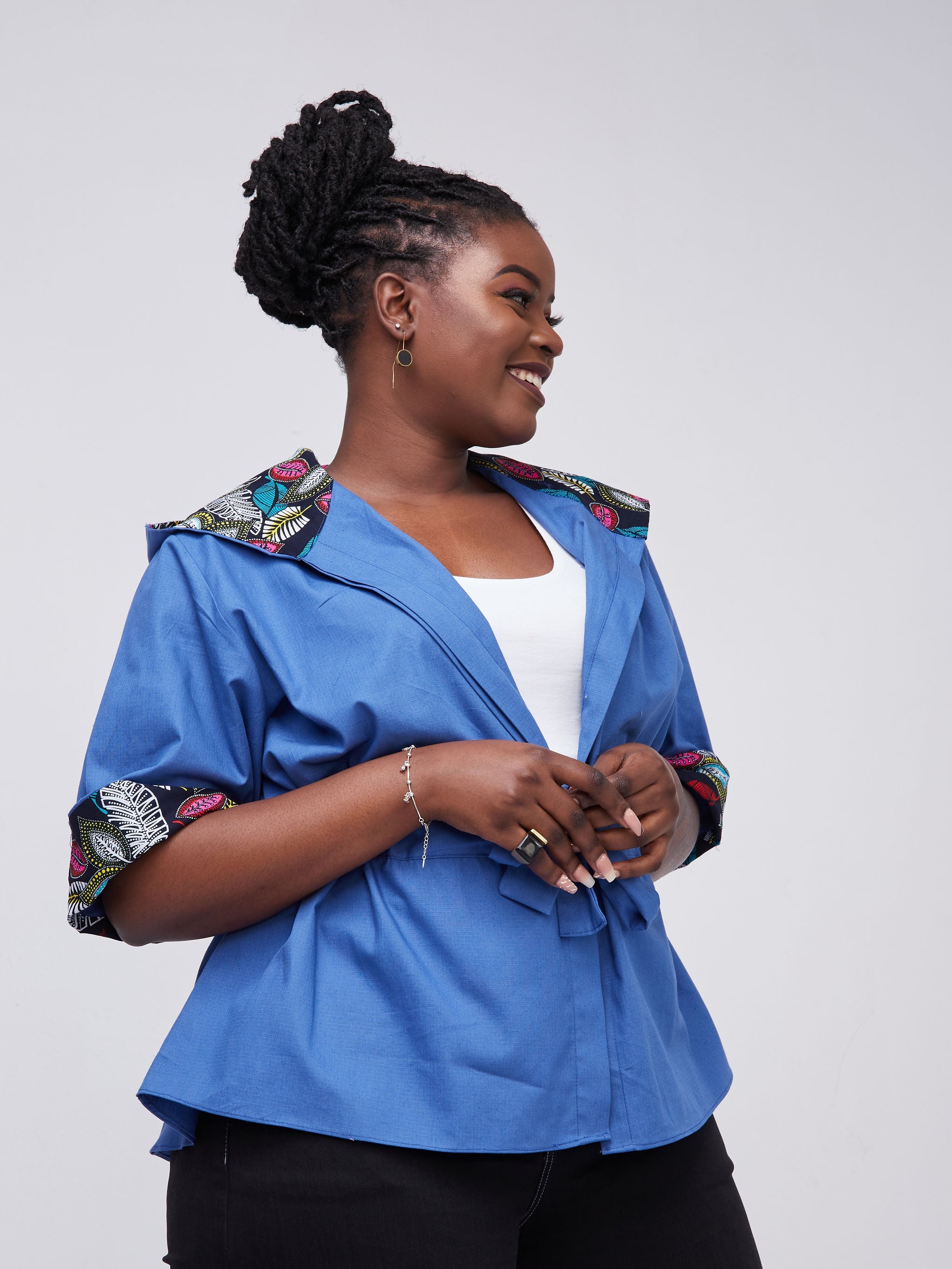 Safari Kaya 3/4 Sleeve Hoodie Peplum Shacket - Blue / Blue Ankara Print