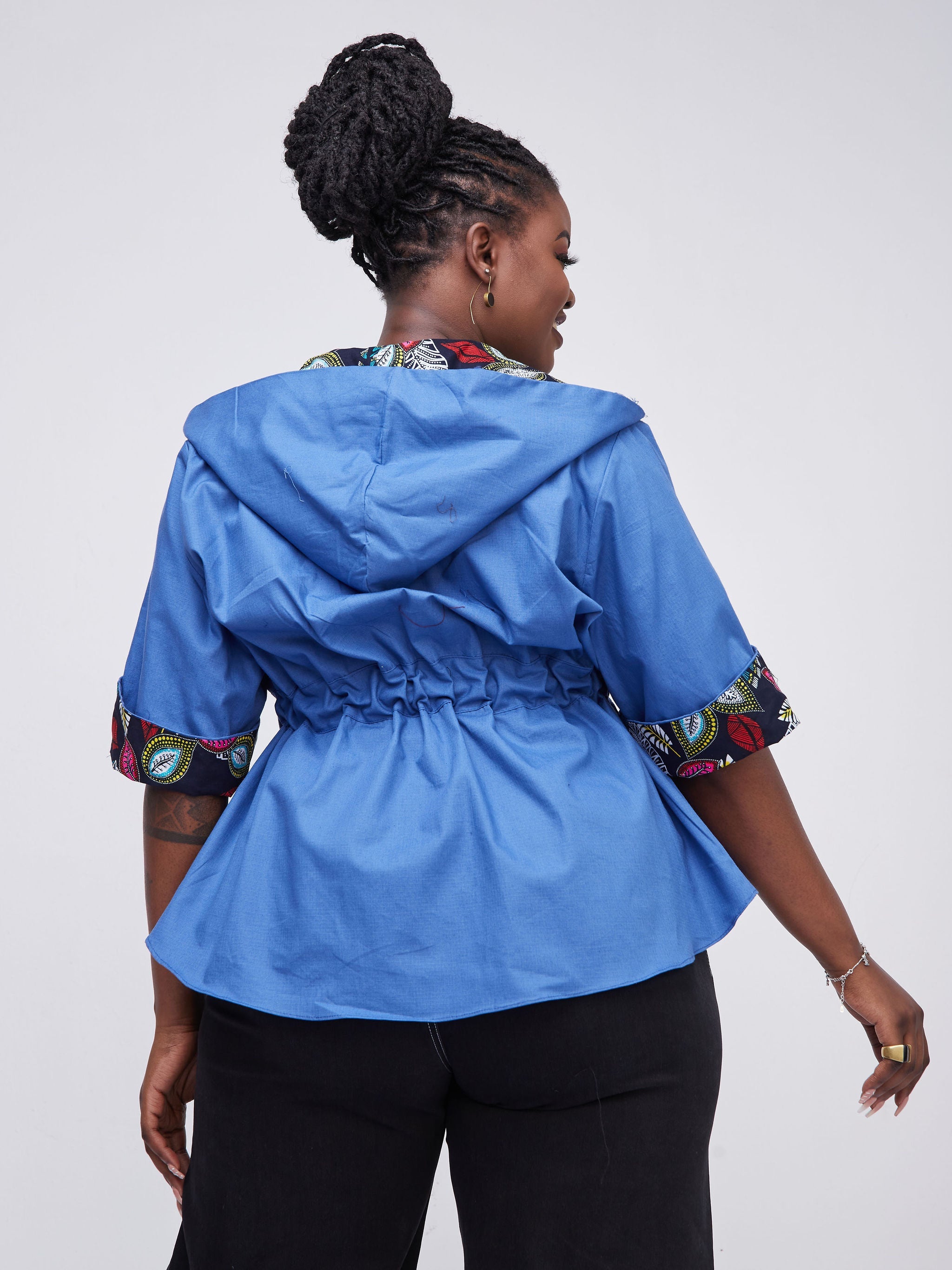 Safari Kaya 3/4 Sleeve Hoodie Peplum Shacket - Blue / Blue Ankara Print