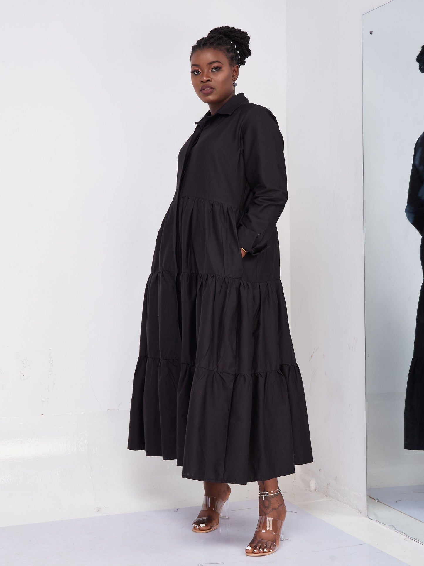 Safari Kaya Long Sleeve 3 Tiered Maxi Dress - Black