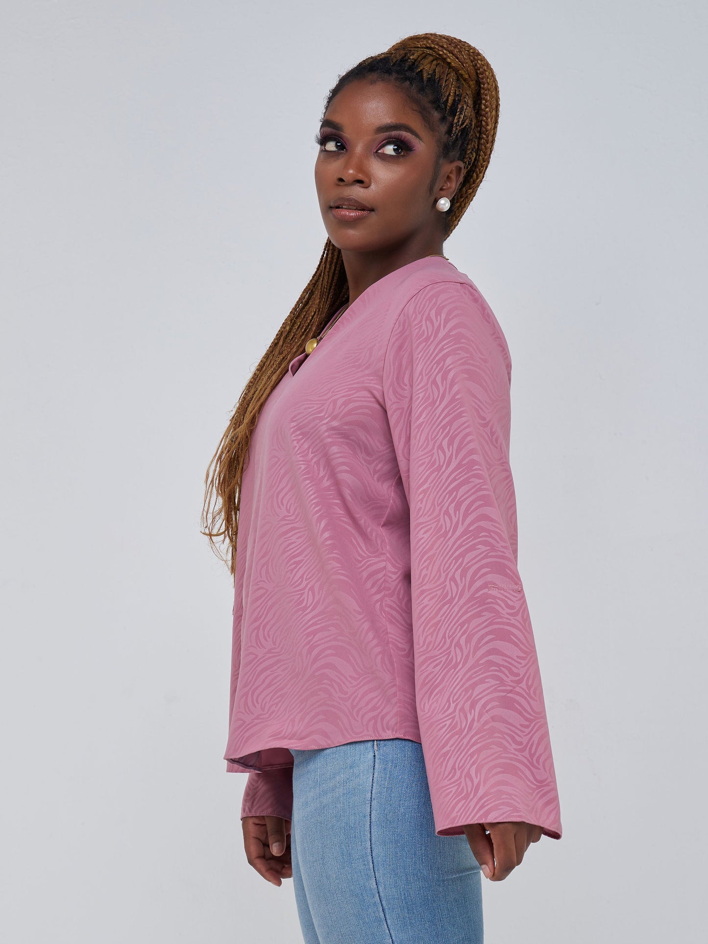 Safari Kaya Long Sleeve V-Neck Top - Dusty Pink Print
