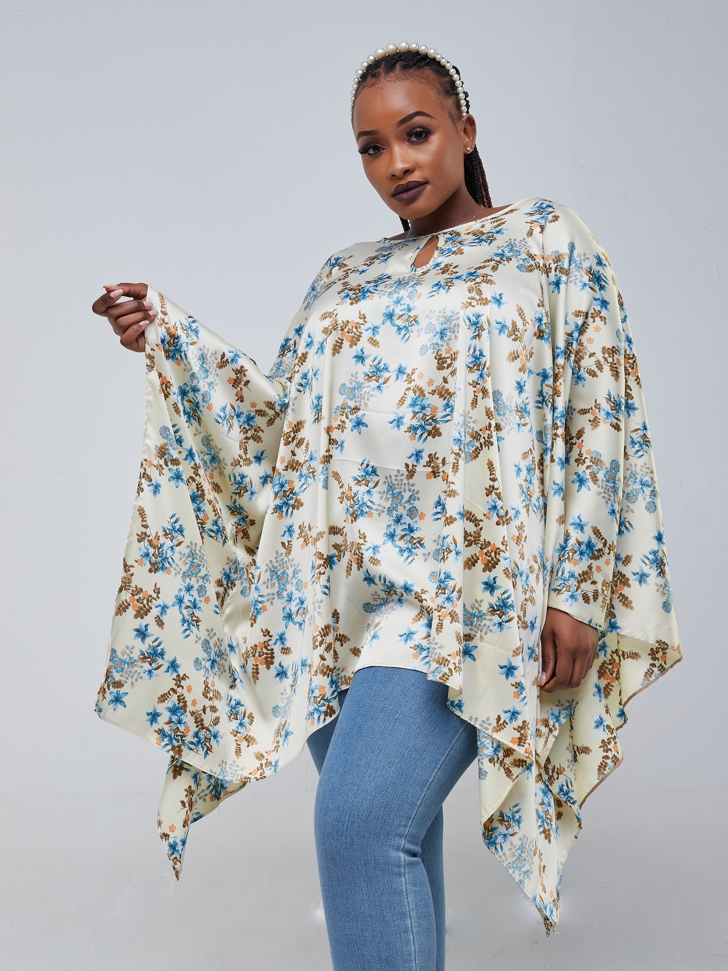 Vivo Sierra Tunic Kaftan Top - Yellow / Blue Floral Print