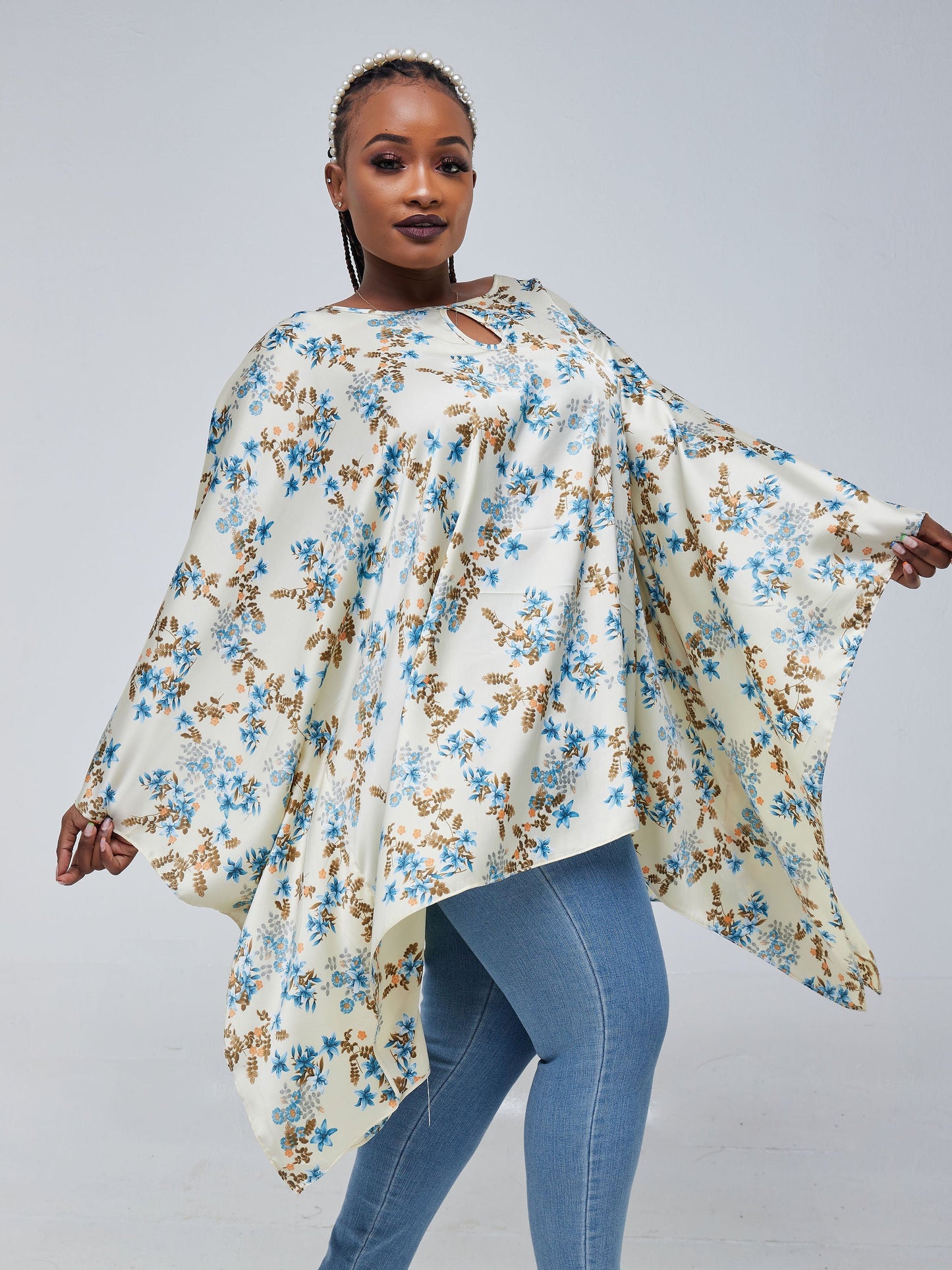 Vivo Sierra Tunic Kaftan Top - Yellow / Blue Floral Print