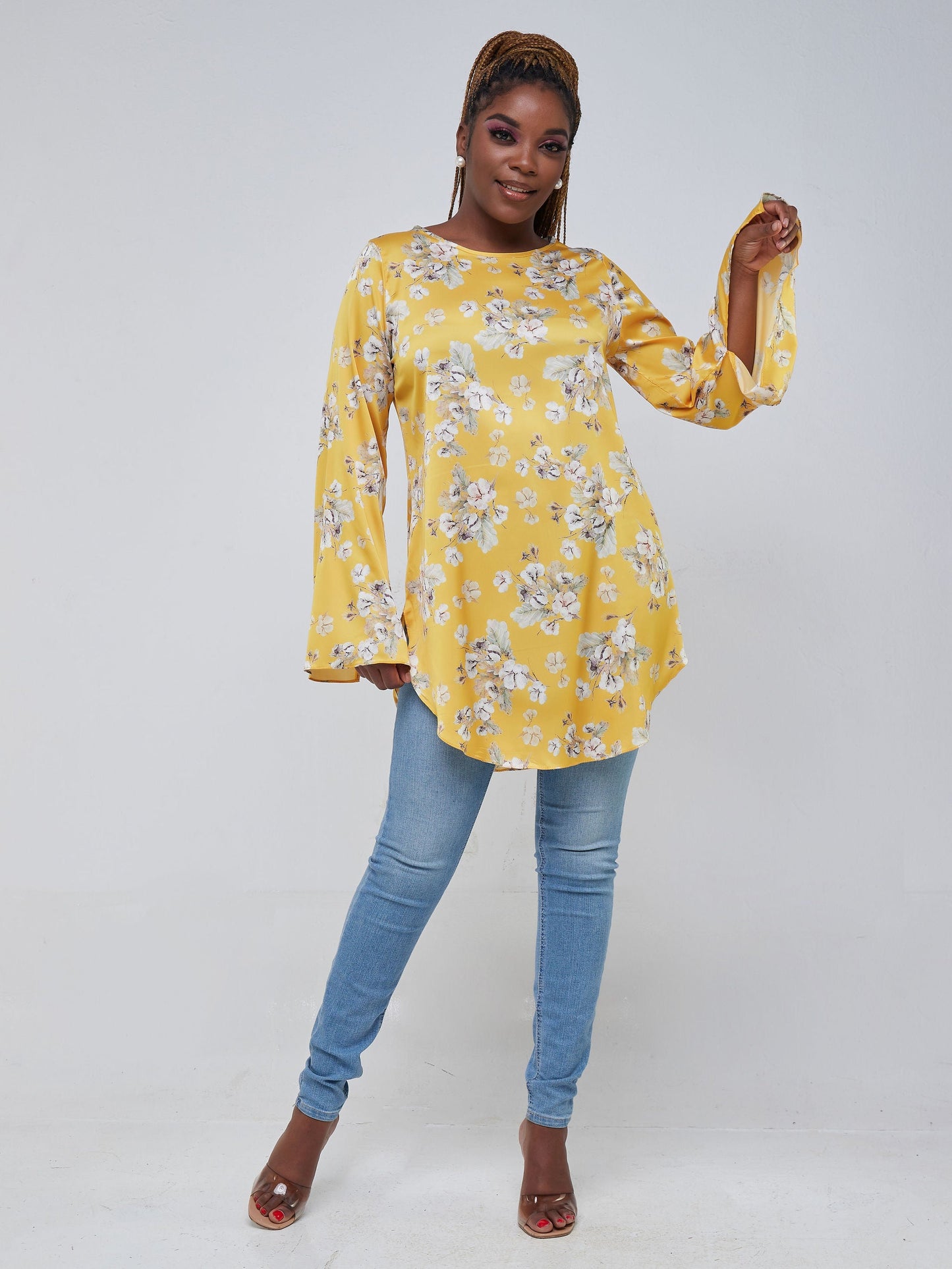 Vivo Jamila Scalloped Slit sleeve Tunic - Mustard Floral Print