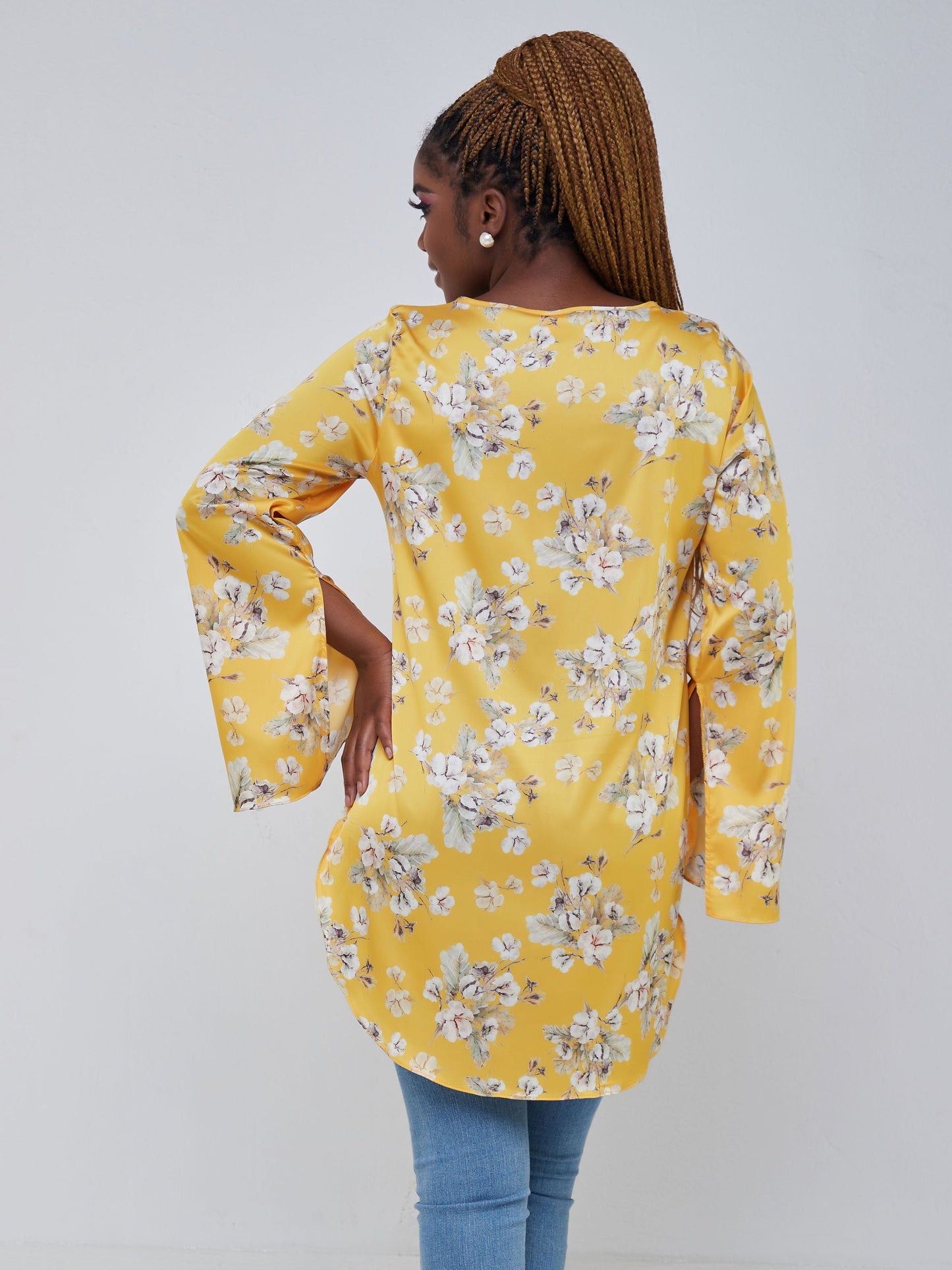 Vivo Jamila Scalloped Slit sleeve Tunic - Mustard Floral Print
