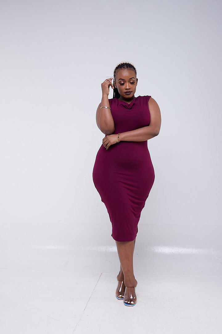 Vivo Basic Double Layered High Cowl Bodycon - Burgundy